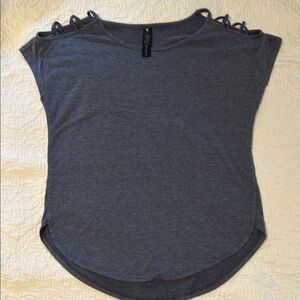 Yogalicious Gray Asymmetrical Cut Out Cap Sleeve Tee
